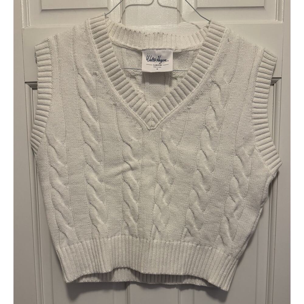 Walter Hagen Cable Knit Sweater Vest Womens M White Preppy Cropped Golf